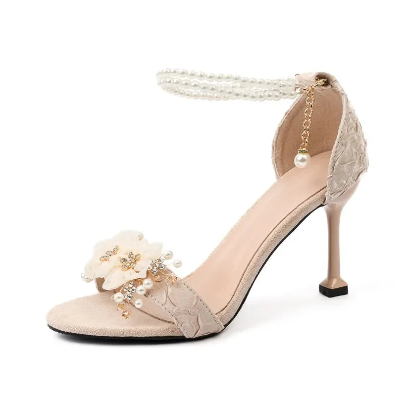 Small Size 31 32 33-43 Women Peep Toe Sandals Wedding Heels Wide Fat Feet Shoes for Women Pearl Flower Bridal Shoes Zaptos Mujer