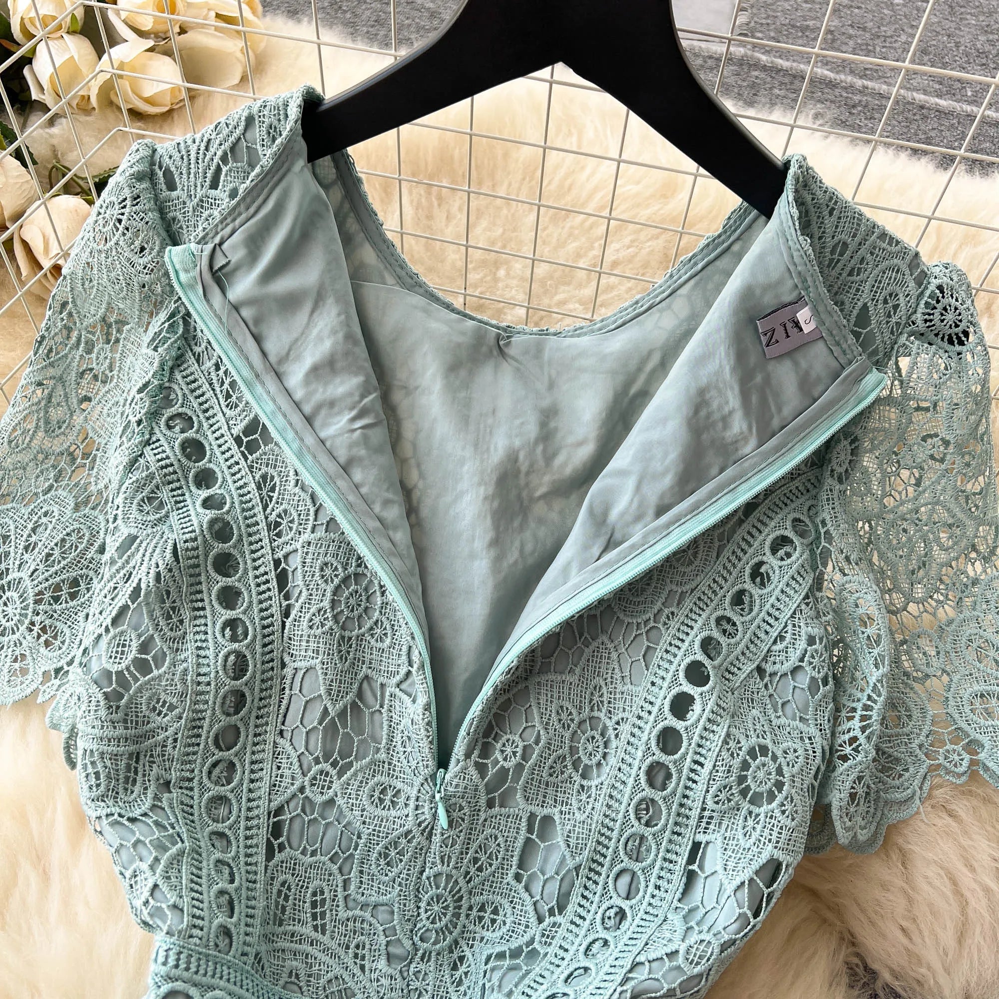 Embroidery Crochet Hollow Out Lace Dress For Women Summer Fashion Runway Short Sleeve Slim Waist Casual Party Midi Vestidos 6931
