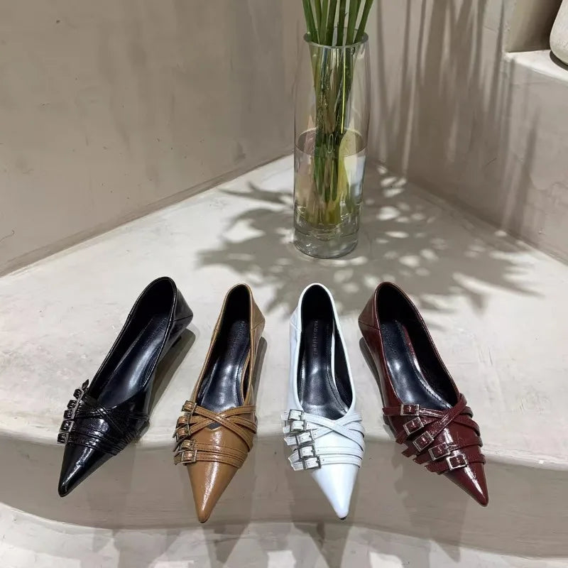 Thin Heeled Square Buckle High Heels for Women 2025 New French Style Shallow Mouth Low Heel Small Leather Shoes