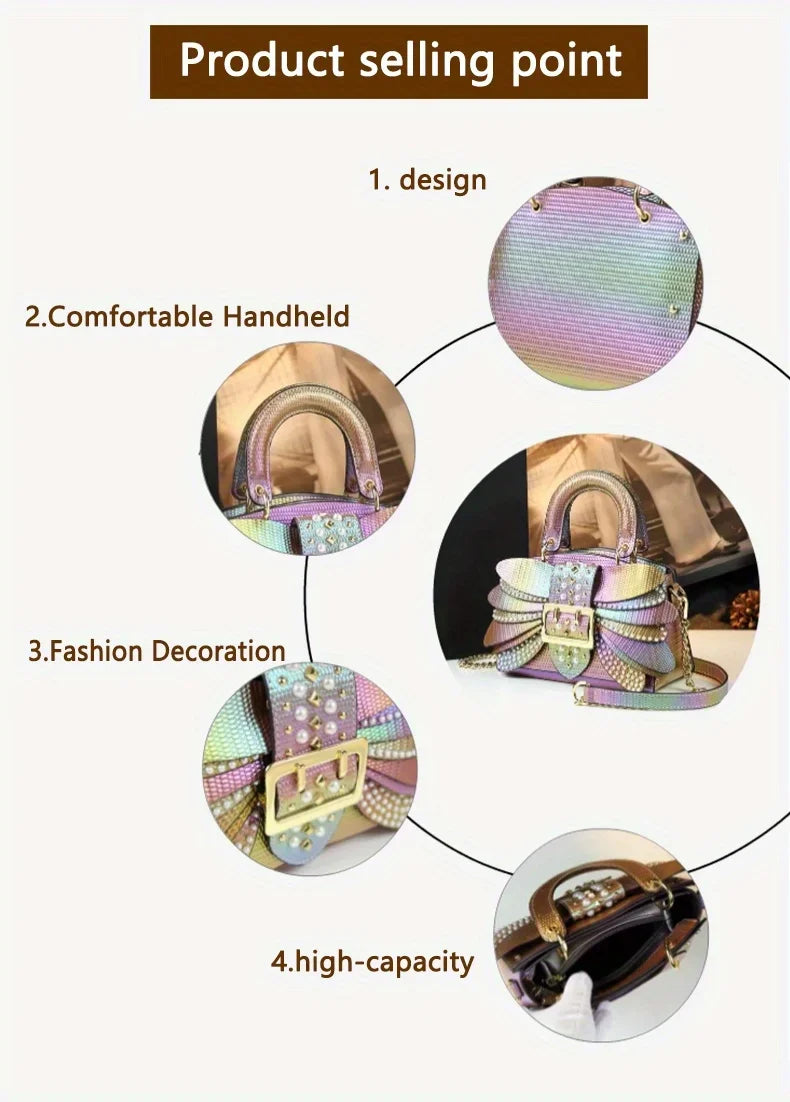 2025 new riveted wing hand-held women's bag, colorful chain crossbody single-shoulder dinner buns mother bag