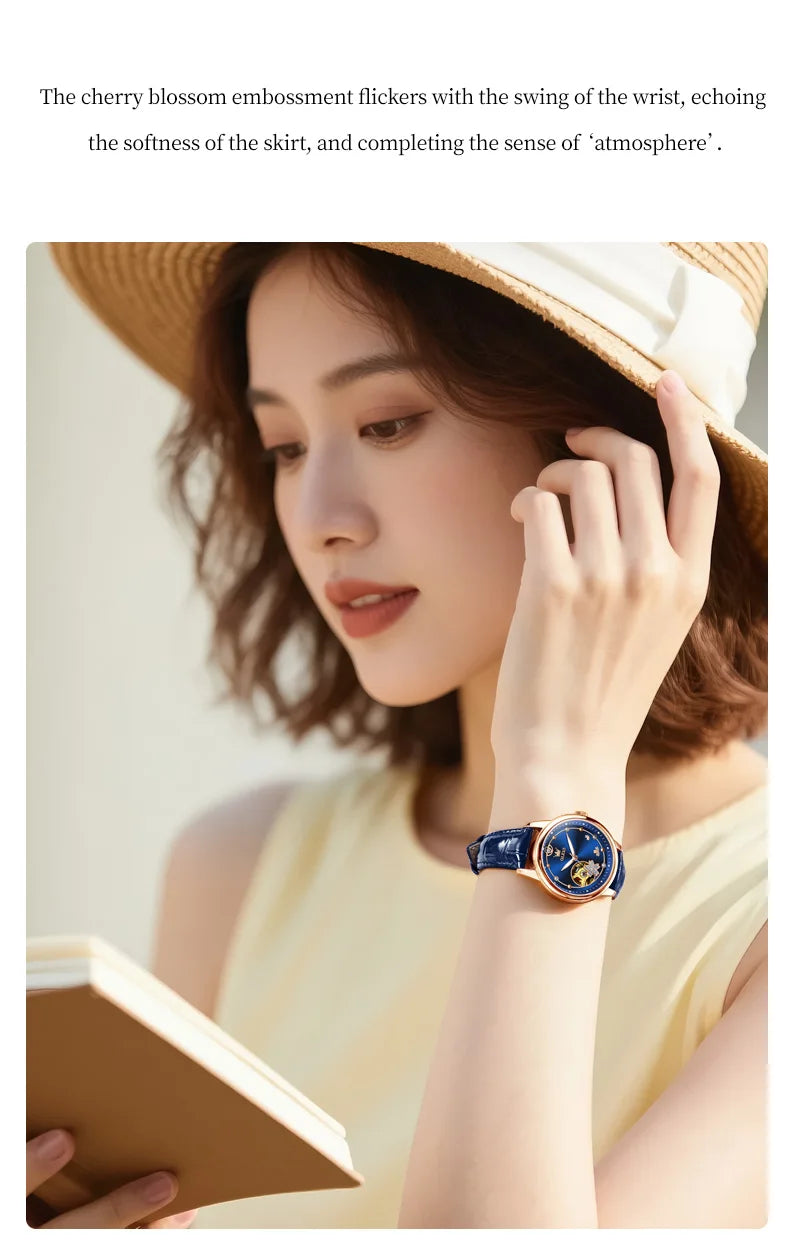 OLEVS Original Rhinestone Flower Design Watch Women's Luxury Rose Gold Watch Wine Red Automatic Mechanical Watch Birthday Gift