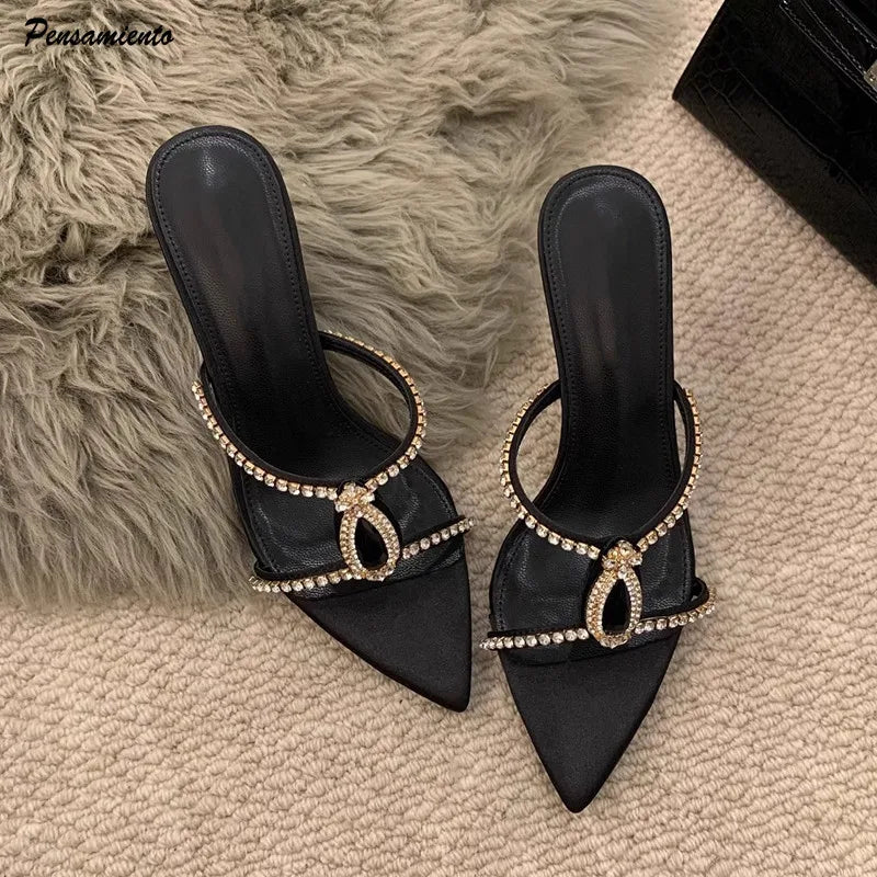 Luxury Rhinestones Gem Women Slippers Sandals Elegant Pointed toe Stiletto High heels Mules Slides Fashion Summer Party Shoes