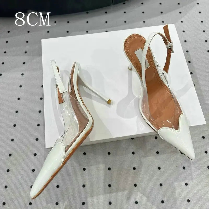 2025 European Summer New Women'S Sandals Pointy Thin Heels High Heels Back Empty Head Transparent Film Fashion Women'S Pumps