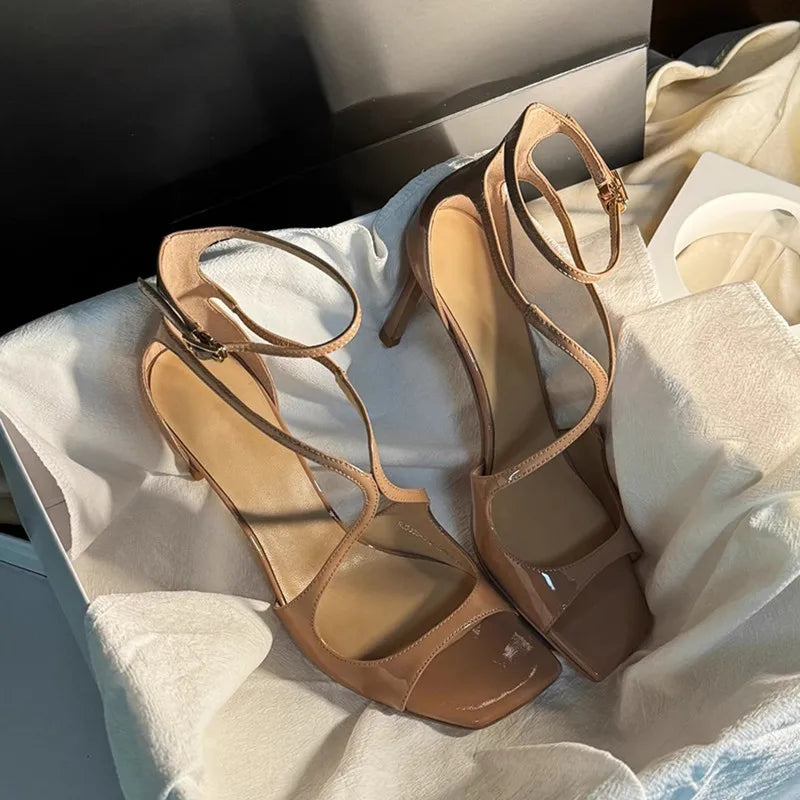 Fashion Patent Leather Peep toe Women Gladiator Sandals Sexy Narrow band Ankle Strap Gold Stiletto High heels Summer Party Shoes