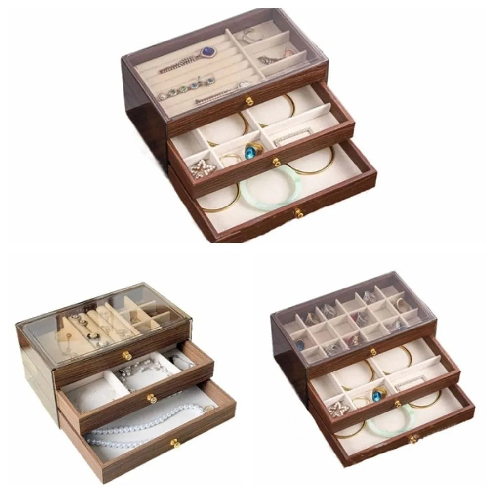 Multi-layer Wooden Jewelry Box Transparent Window Rings Necklace Jewelry Storage Case Organizer Bracelet Earrings