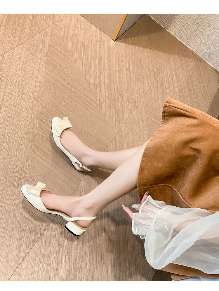 French-Style Bow Head-Toe Sandals For Women 2025 Summer New Style Chunky Heel Patent Leather High Heel Mid-Heel Sandals