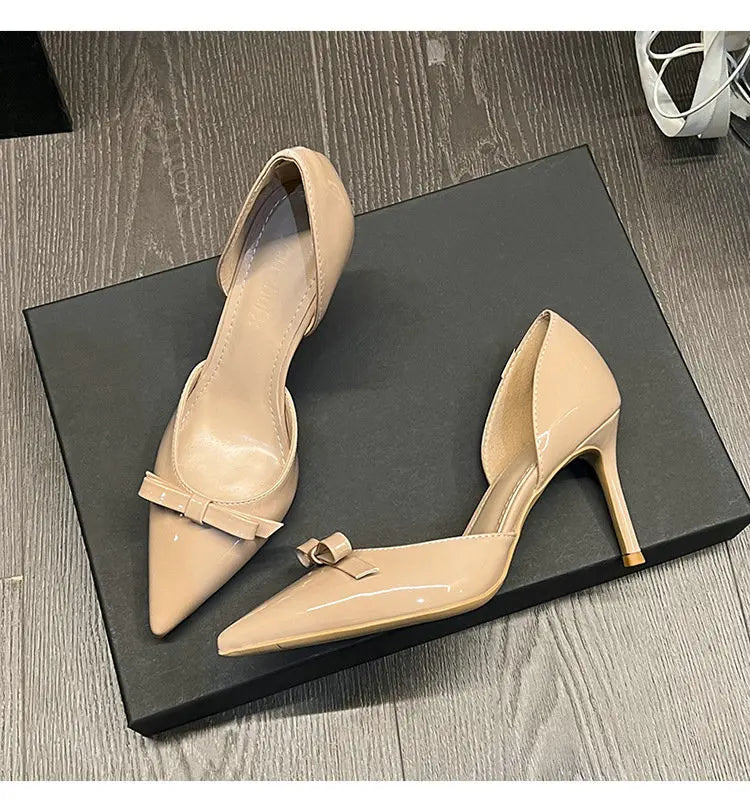 New Autumn Patent Leather Nude High Heels Thin Heel Pointed Bow Korean Version Summer Senior Feeling Hollow Female Pumps