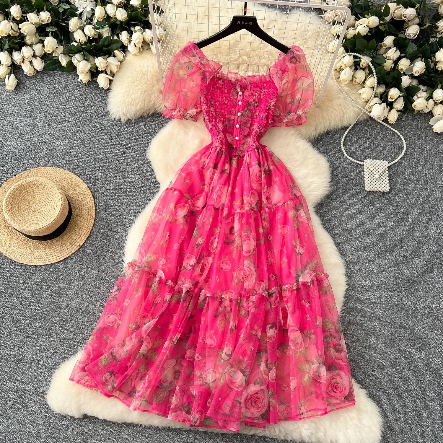 Retro Floral Chiffon Dr Women's Waist Cinched One oulder Bubble Sve Me Skirt Commute Korean Sle High Waist A-Line...