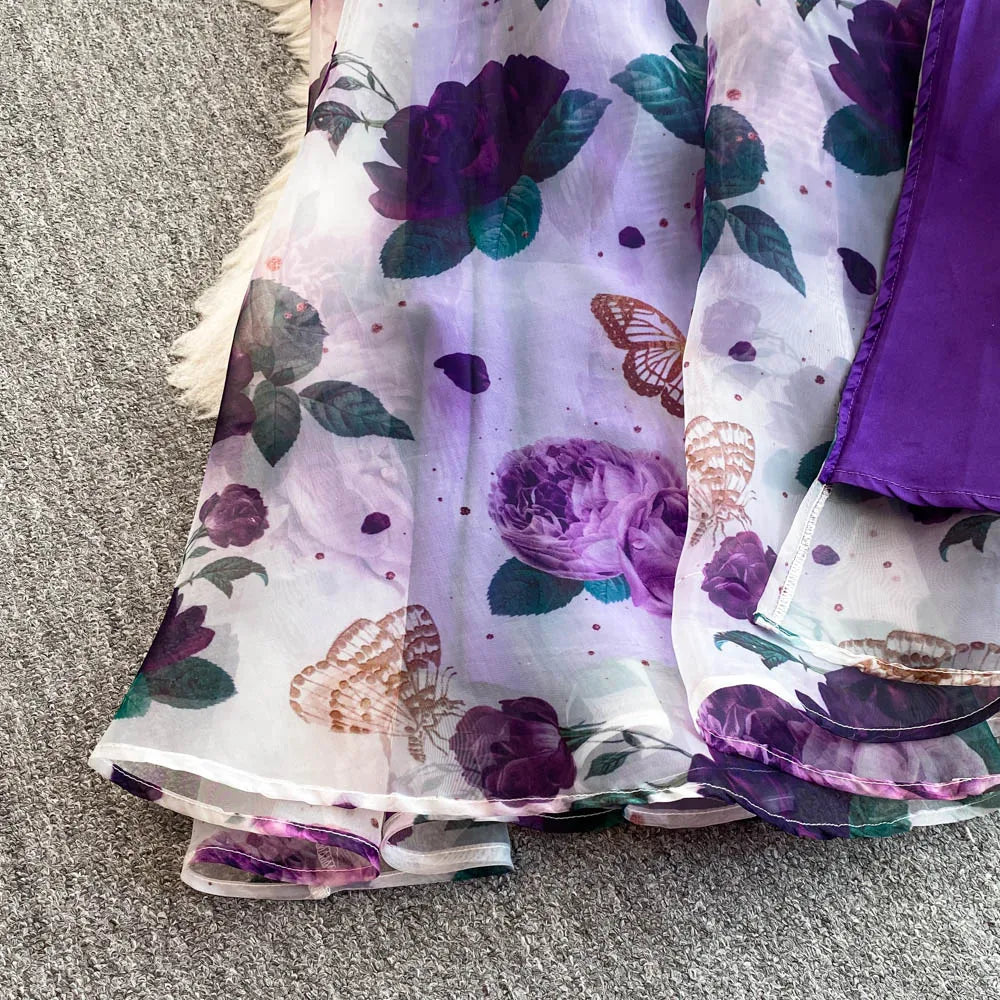 American Chic Maxi Dress for Women Floral Printed Skew Collar Sleeveless Female Dresses A-line Evening Club Vestidos Dropship