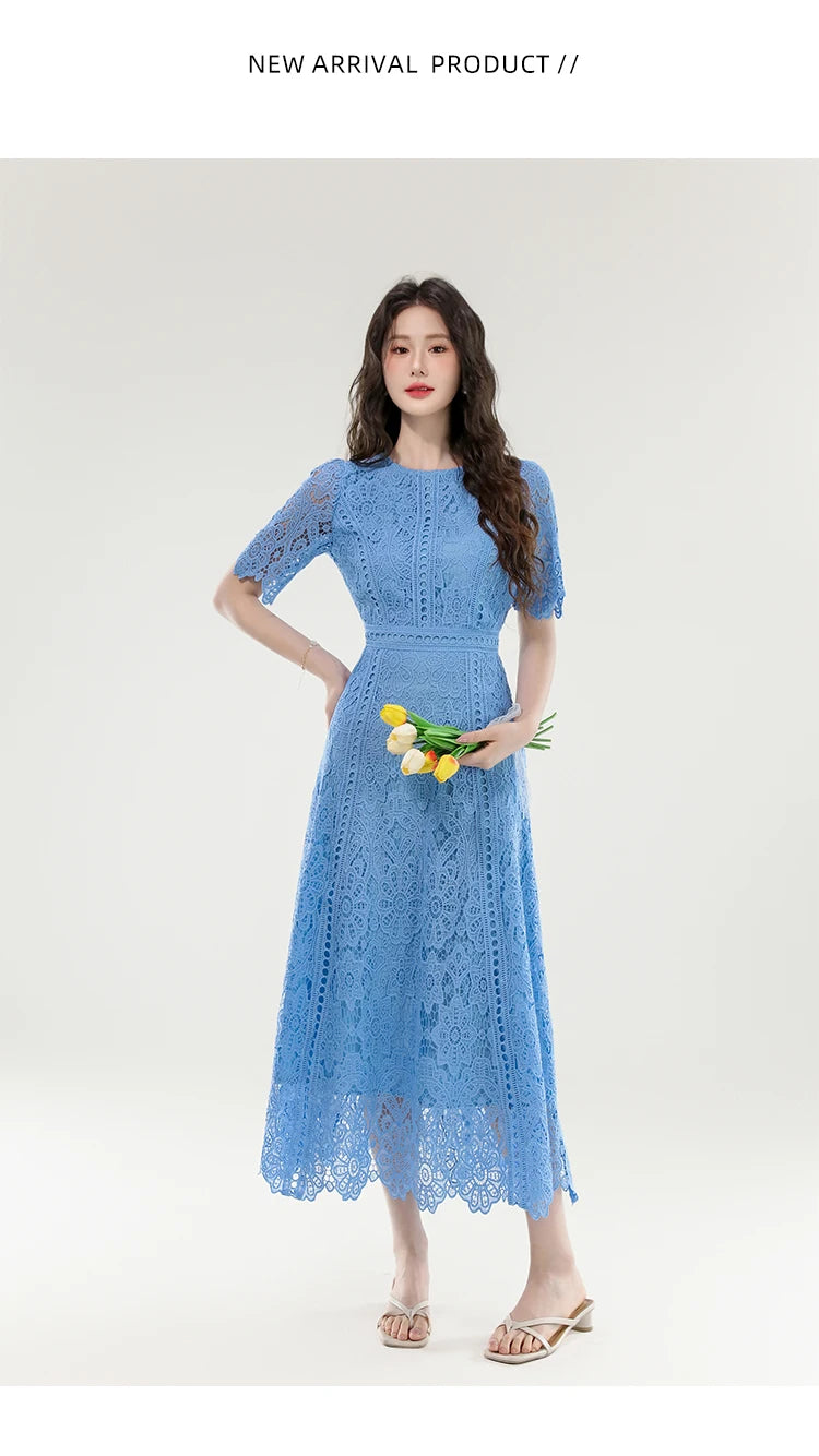 High Quality Lace Hollow Out Women Long Elegant Office Dress Summer French Chic Casual Vintage Purple Short Sleeve A-line Dress
