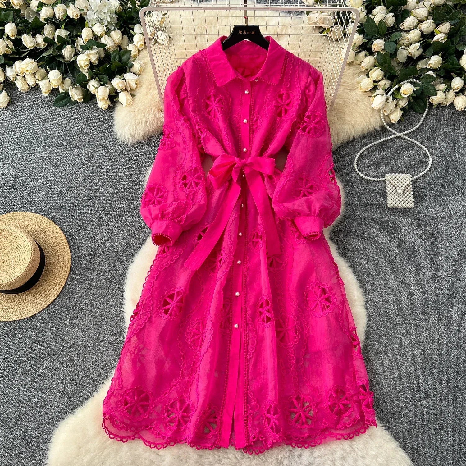 Elegant Embroidery Vintage Lantern Sleeves Lapel Single Breasted Chic Bandage Slim Long Dresses Women High Street Clothing
