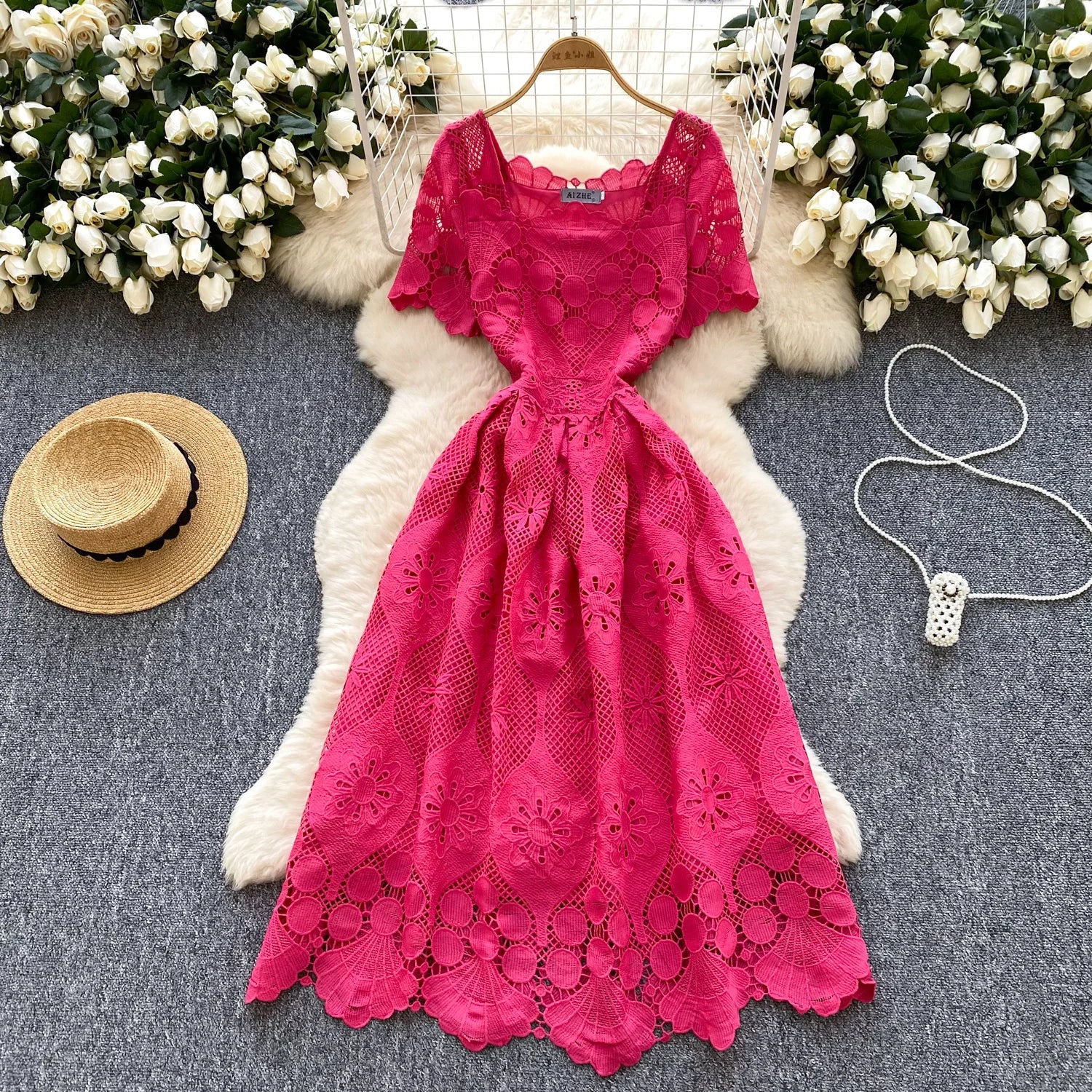 France Elegant Fashion Slim Evening Dress Women Hollow Out Lace Crochet Party Dress Female Casual Chic High End Clothing New