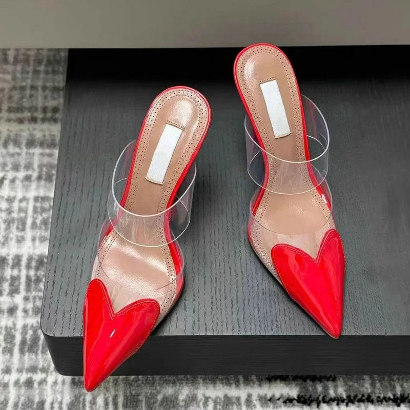 2025 Colorful Heart-Shaped Transparent Sexy Patchwork Color Sandals Women'S Half-Toe Pointed Toe Slippers 6cm/8cm/10cm