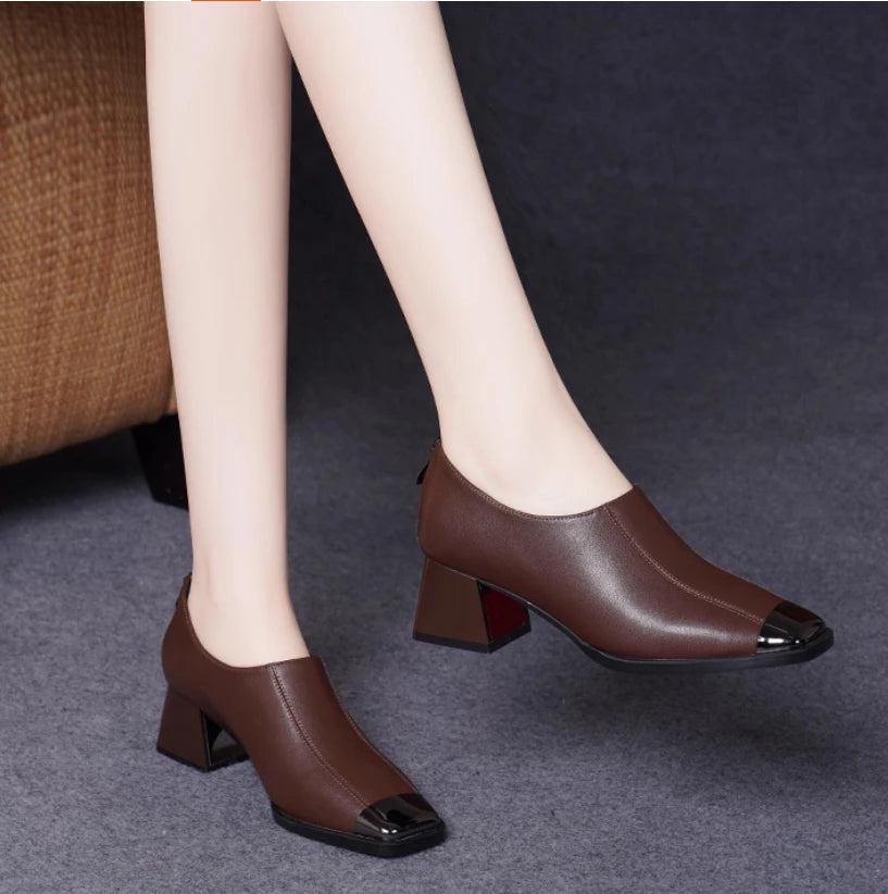 Deep mouth single shoe women's thick heel genuine leather middle heel women's soft leather soft sole square toe leather shoes