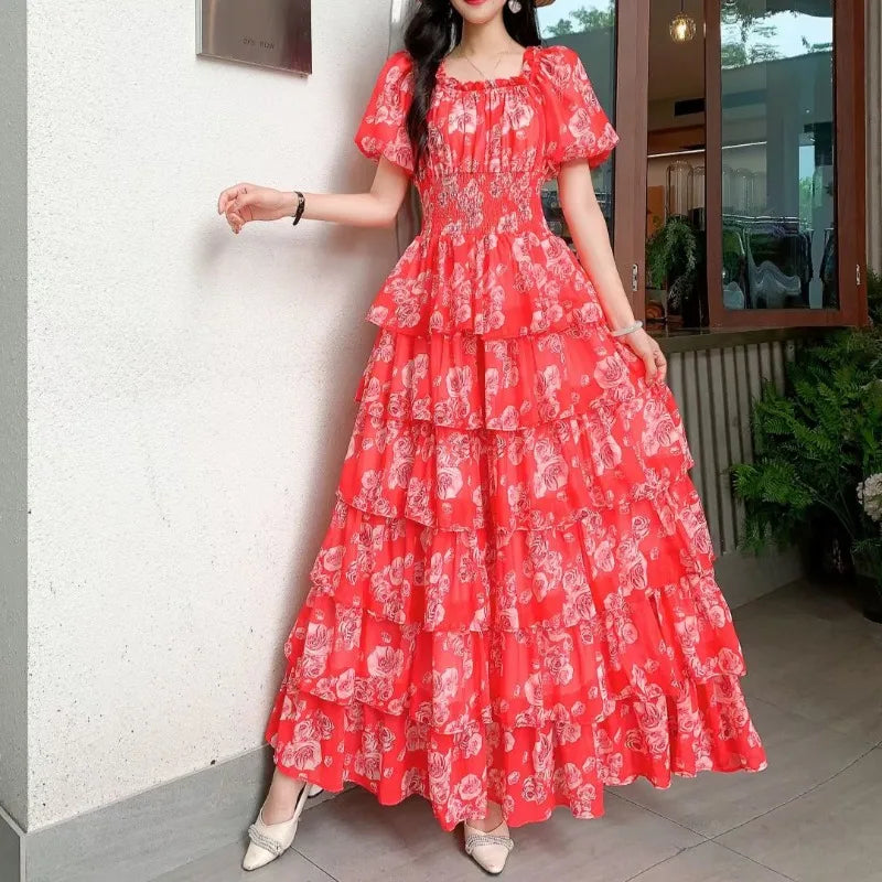 OCEANLOVE Women Dresses Puff Sleeve Print Floral Beach Style Elegant Vestidos Mujer Spring Summer Fashion A-line Long Dress