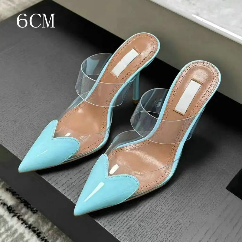 2025 Colorful Heart-Shaped Transparent Sexy Patchwork Color Sandals Women'S Half-Toe Pointed Toe Slippers 6cm/8cm/10cm