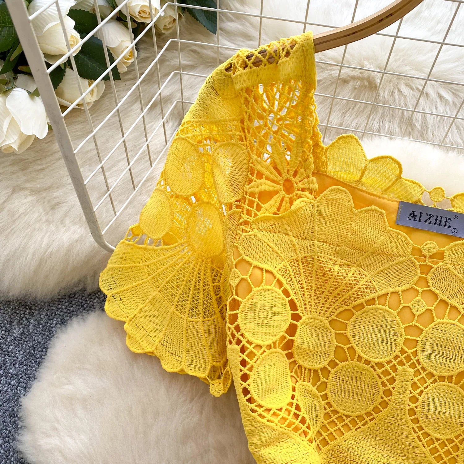 France Elegant Fashion Slim Evening Dress Women Hollow Out Lace Crochet Party Dress Female Casual Chic High End Clothing New