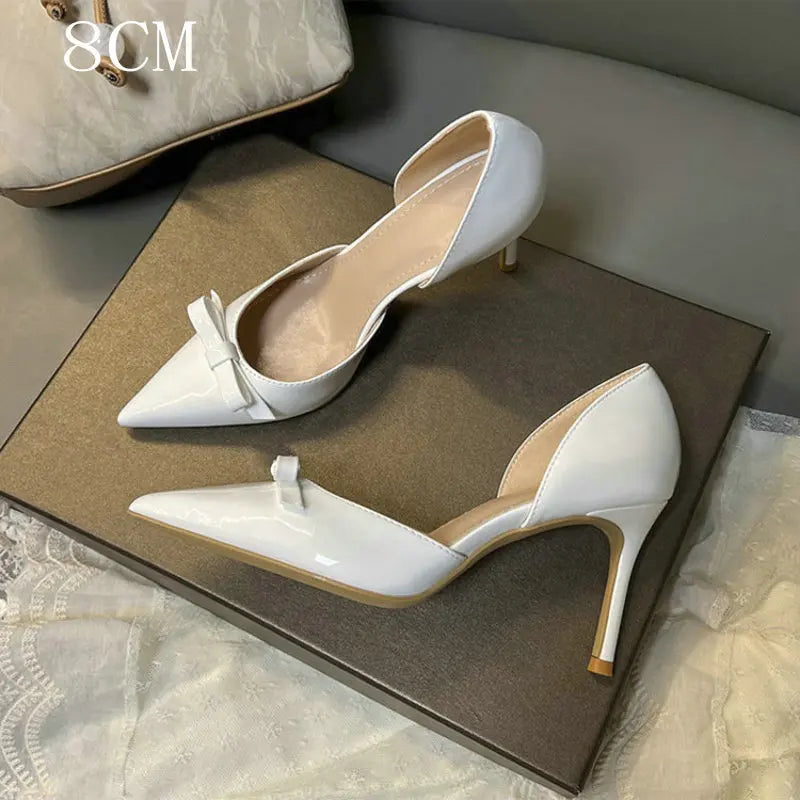 New Autumn Patent Leather Nude High Heels Thin Heel Pointed Bow Korean Version Summer Senior Feeling Hollow Female Pumps
