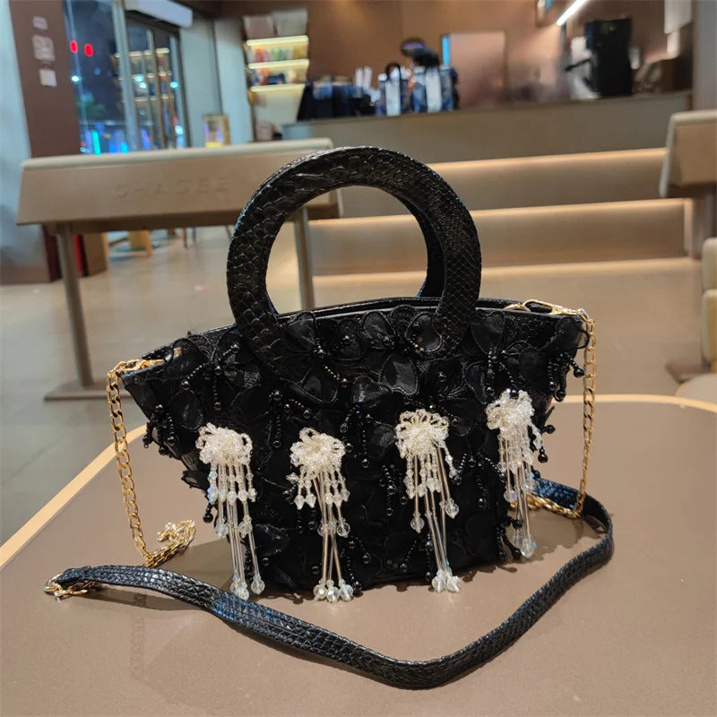 Tassel Flower Ita Bag Women New Shoulder Crossbody Sac A Main Lace Women's Bag Bucket Female Leather Handbag