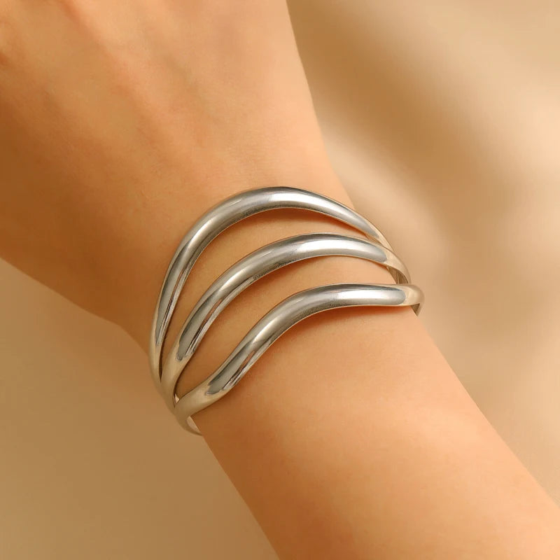 Stainless Steel Multi-Layer Wave Open Bracelet Rings Set for Women Simple Metal Twisted Lines Hand Chain Fashion Banquet Jewelry