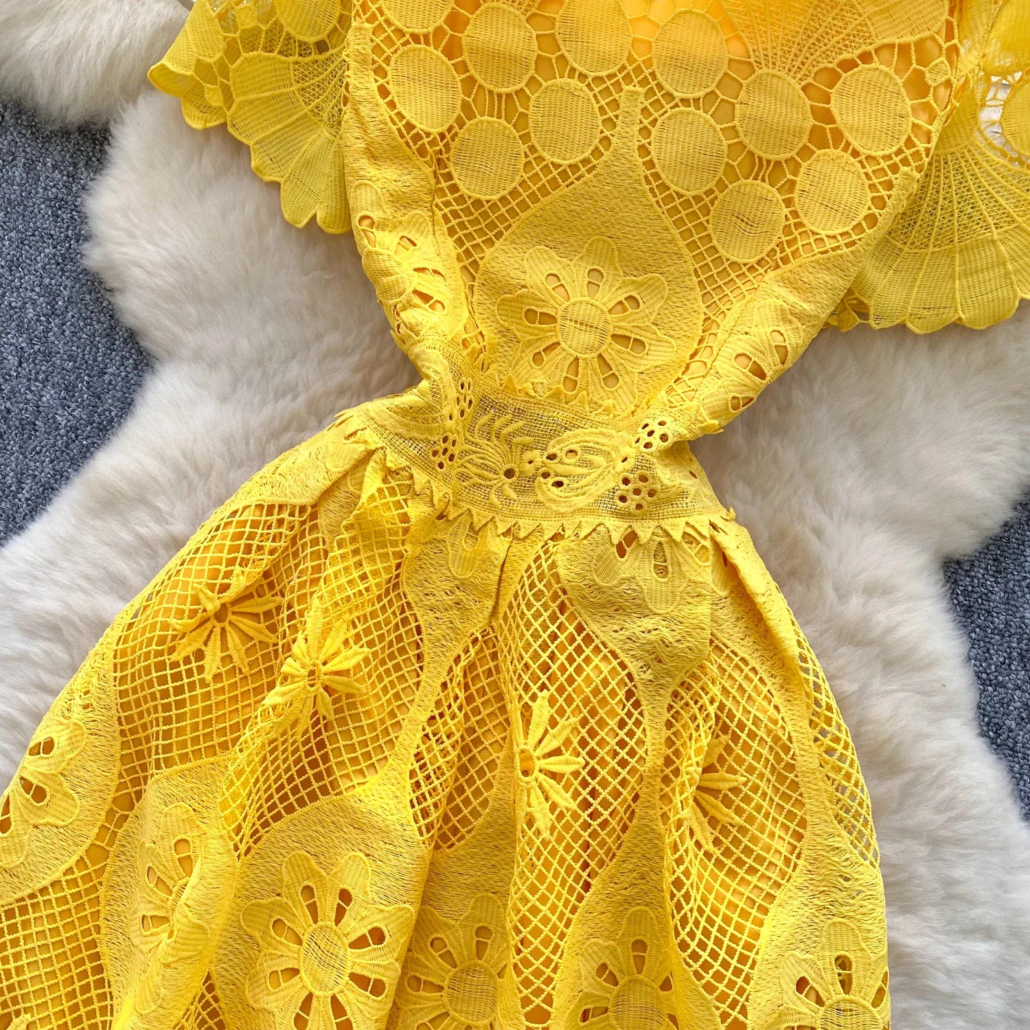 France Elegant Fashion Slim Evening Dress Women Hollow Out Lace Crochet Party Dress Female Casual Chic High End Clothing New