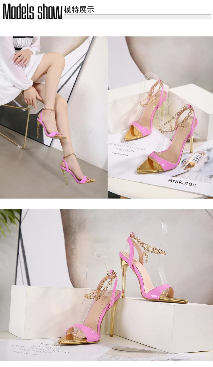 New Summer Sandals Women Fashion Gold Chain Ankle Strap Sexy Peep Toe Ladies Metal High Heels Sandals Woman Party Shoes Pumps