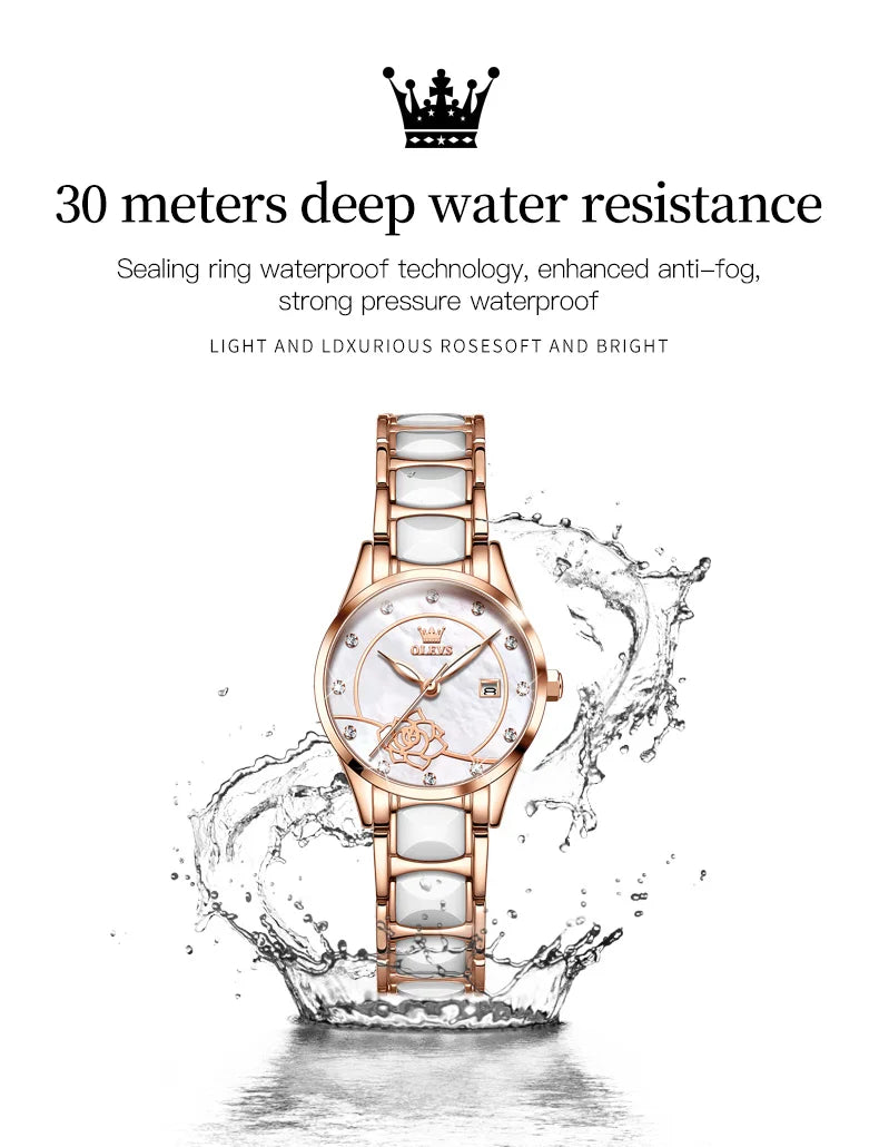 OLEVS 3606 Luxury Women Watch Camellia Quartz Japan Movement 30M Waterproof Watch For Women Ceramics Women Mechanical Watch
