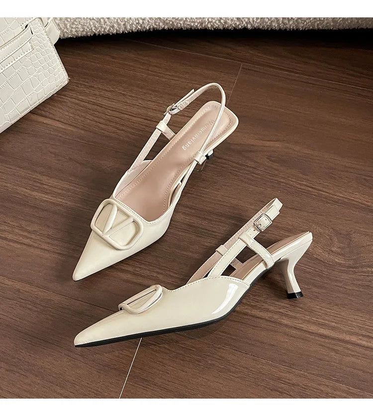 2025 Summer New 41-42 Large Size French Sandals Women's V Buckle Pointed Stilettos, Rear Empty Skirt High Heels