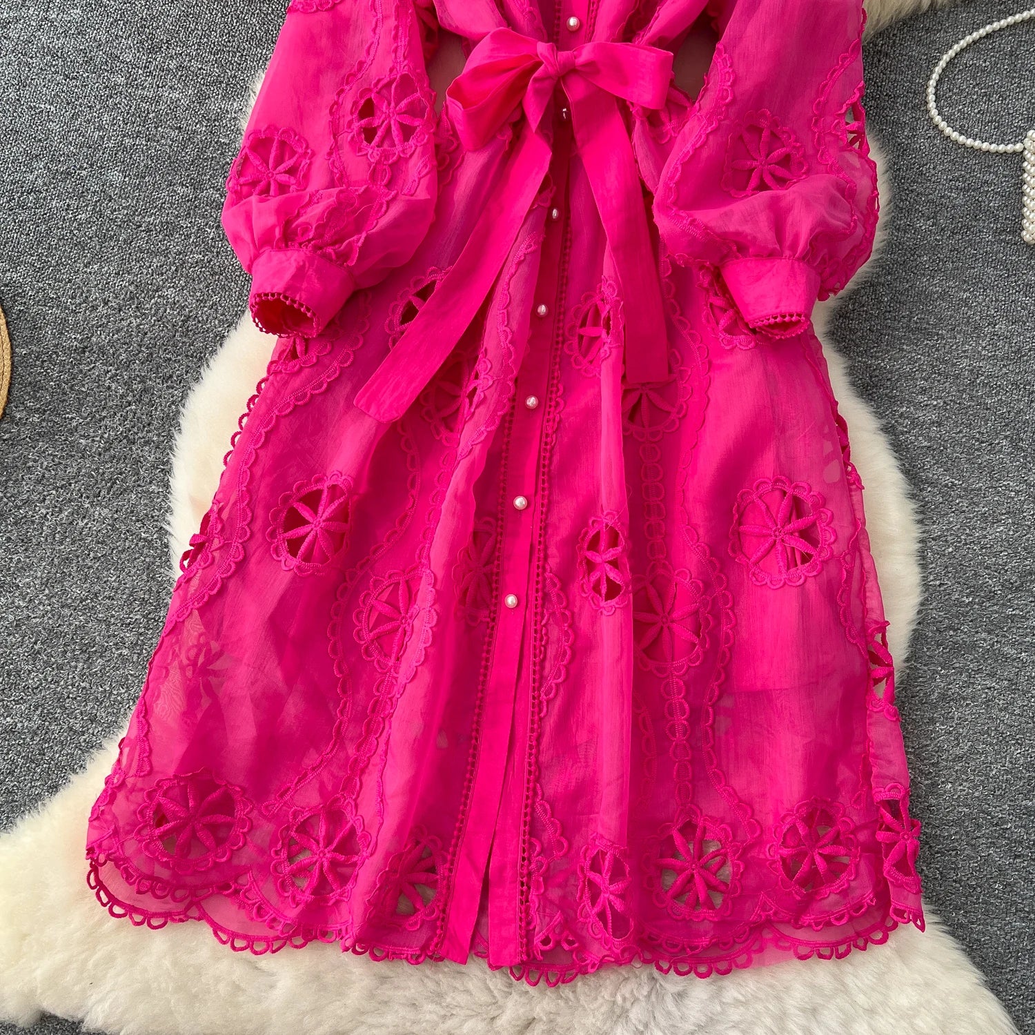 Elegant Embroidery Vintage Lantern Sleeves Lapel Single Breasted Chic Bandage Slim Long Dresses Women High Street Clothing