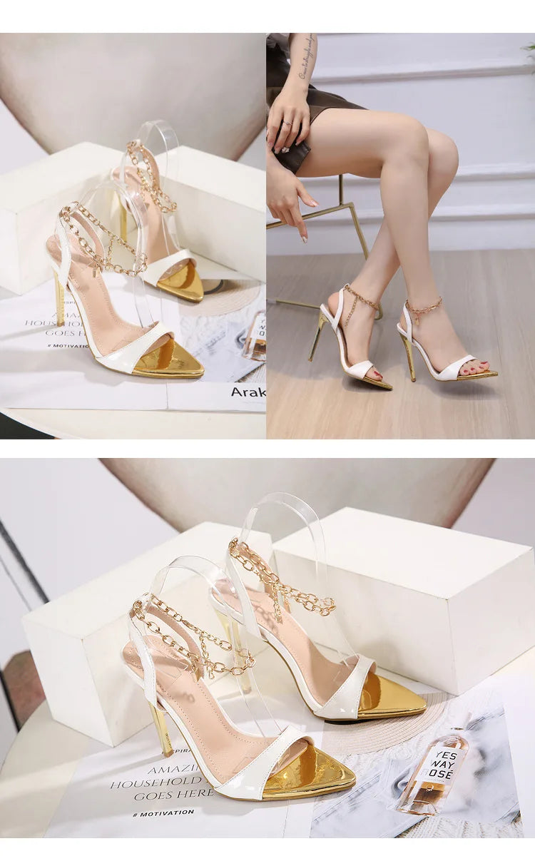 New Summer Sandals Women Fashion Gold Chain Ankle Strap Sexy Peep Toe Ladies Metal High Heels Sandals Woman Party Shoes Pumps
