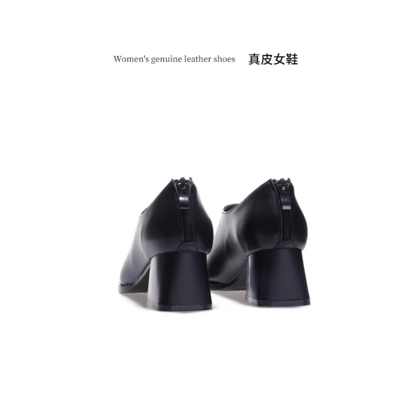 Deep mouth single shoe women's thick heel genuine leather middle heel women's soft leather soft sole square toe leather shoes
