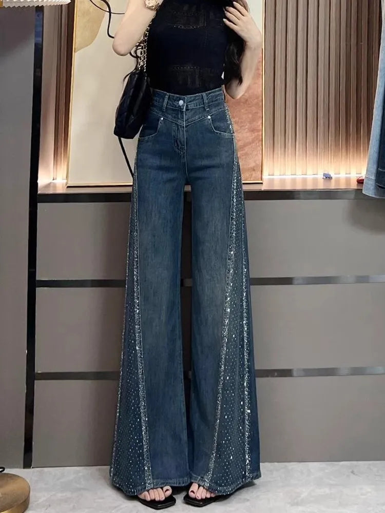 Hot Diamond Jeans For Women Fashion Hot Girls High Waisted Loose Flared Pants Autumn Retro Casual Commuting Wide Leg Trousers