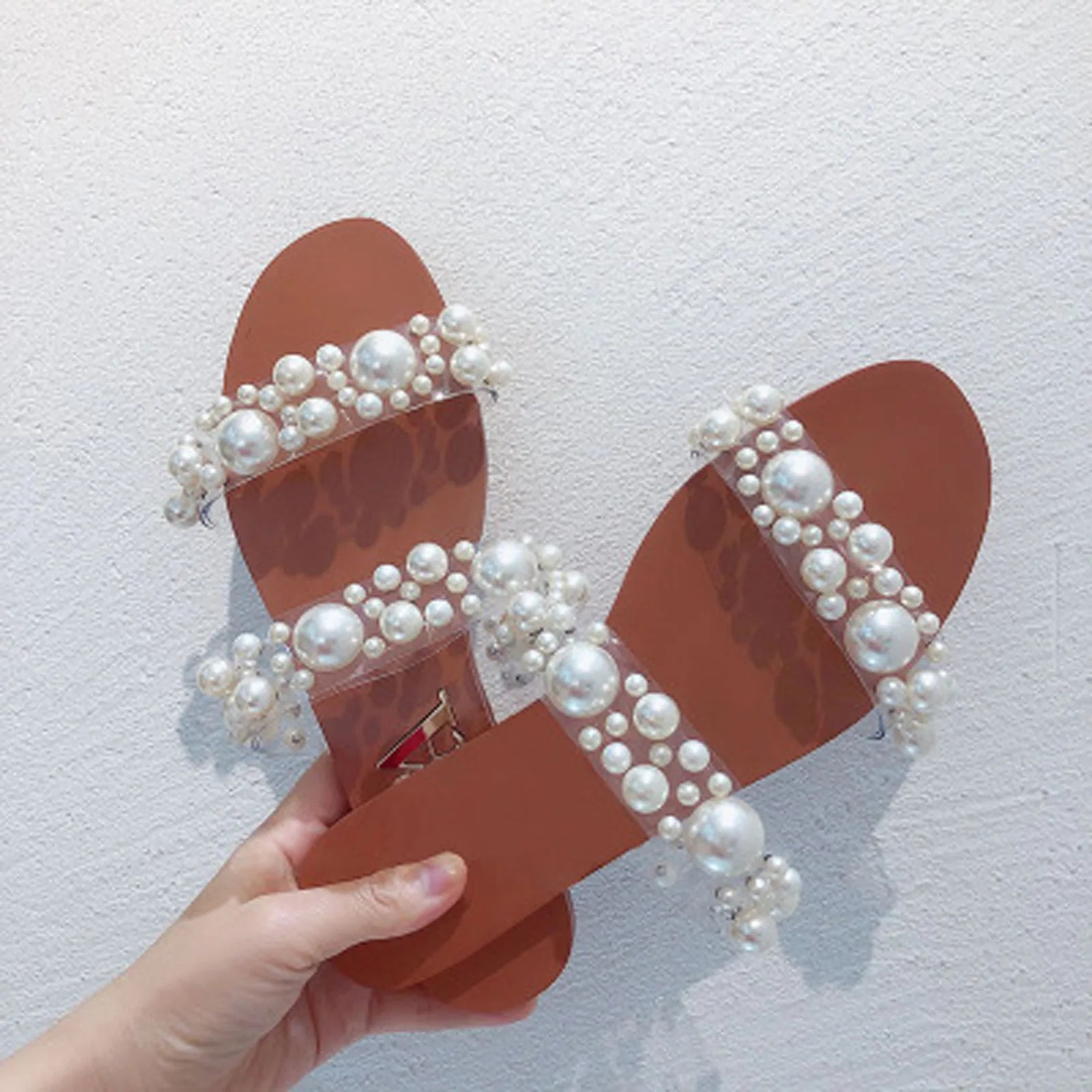 Bohemian Style Women's Pearl Open-Toe Flat Sandals Crystal Flip-Flops Summer New 2025 Transparent Flat Sandals