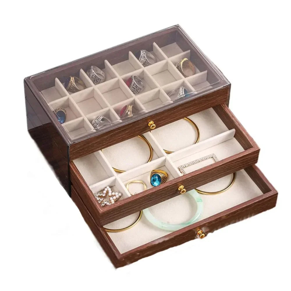 Multi-layer Wooden Jewelry Box Transparent Window Rings Necklace Jewelry Storage Case Organizer Bracelet Earrings
