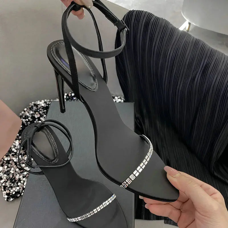 2025 Summer New Line With Rhine-Diamond Sexy Sandals Women'S Pointed Open Toe Slim Heel Beautiful Black High Heels