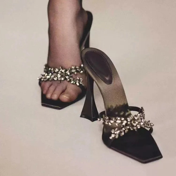 2025 Summer Women's High Heel Sandals Cross Rhinestone Square Head Open Toe Sandals Silk Sexy Stiletto High Heels Mules
