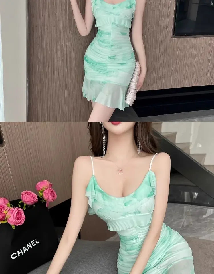 Summer French Pure Sexy Mesh Printed Suspender Dress Waist Pleated Bag