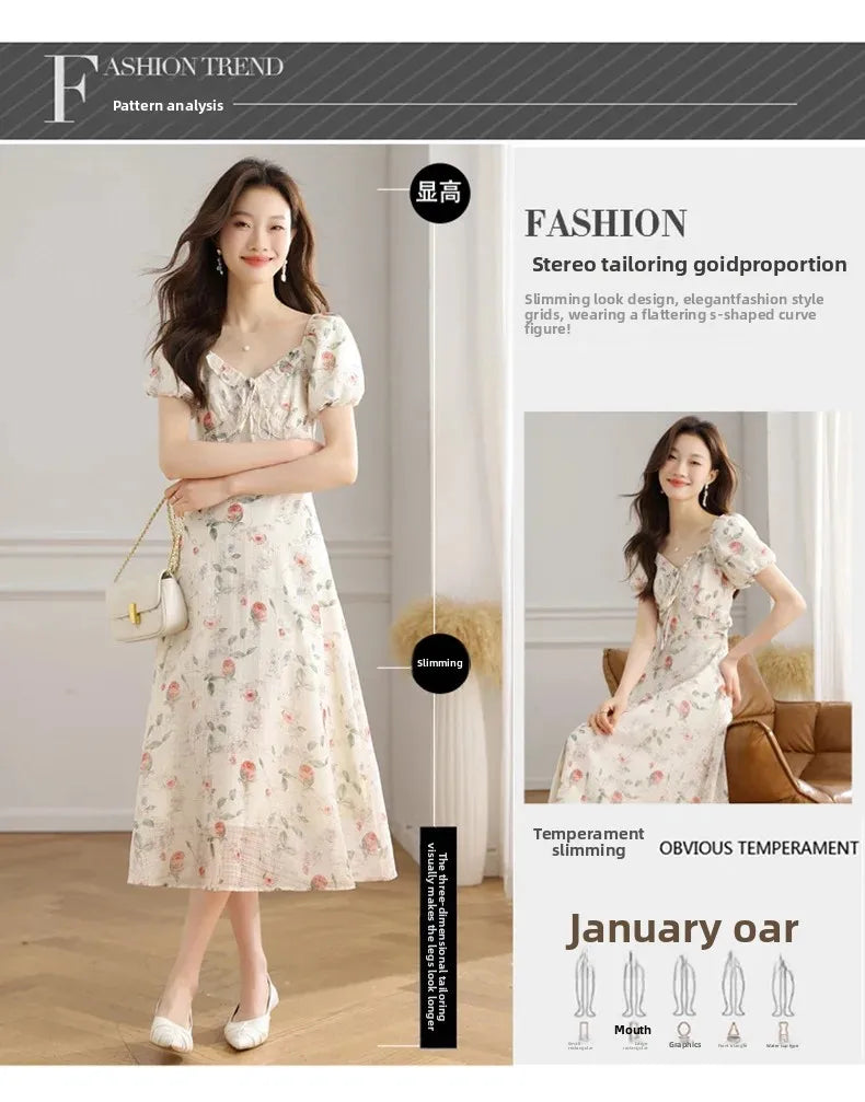 Elegant Summer Dress with Bubble Sleeves And Bellflower Pattern Slimming Empire Waist Knee-Length Polyester Fiber Short Sleeve