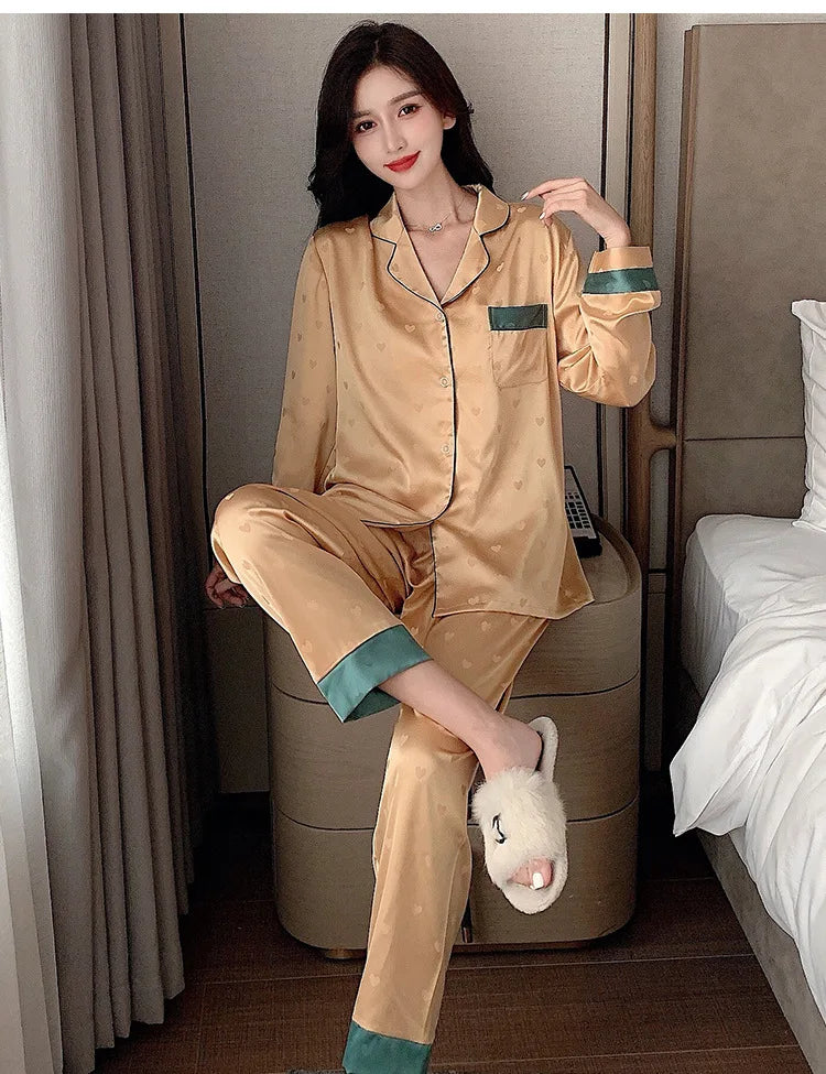 Top Autumn New Ice Silk Women Pajama Lapel Button Cardigan Outfits for Women 2 Piece Set Fashion Printing Set Clothes for Women