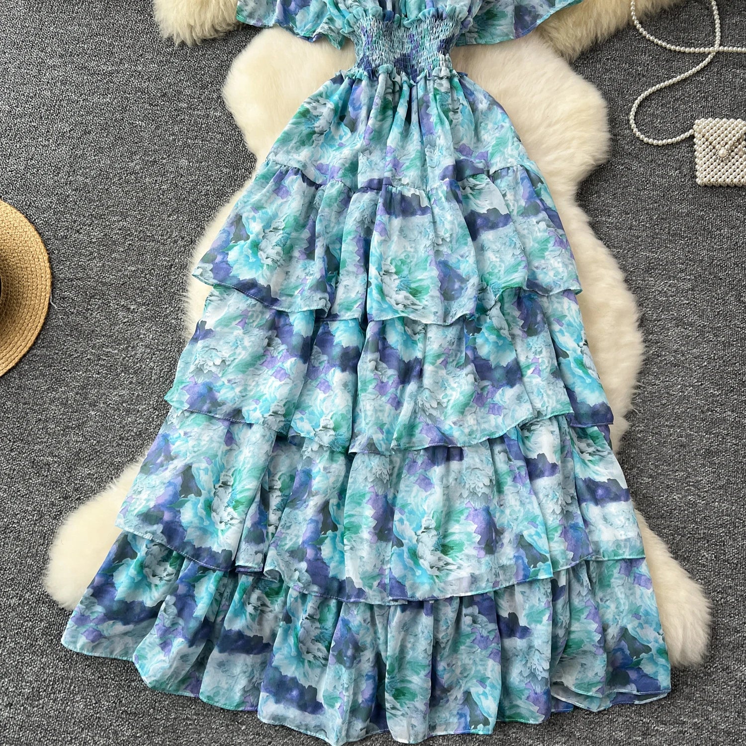 French Vintage Off Shoulder Short Sleeve Ruffle Tiered Long Dresses Chic Casual Beach Vacation Women Summer Chiffon Clothing