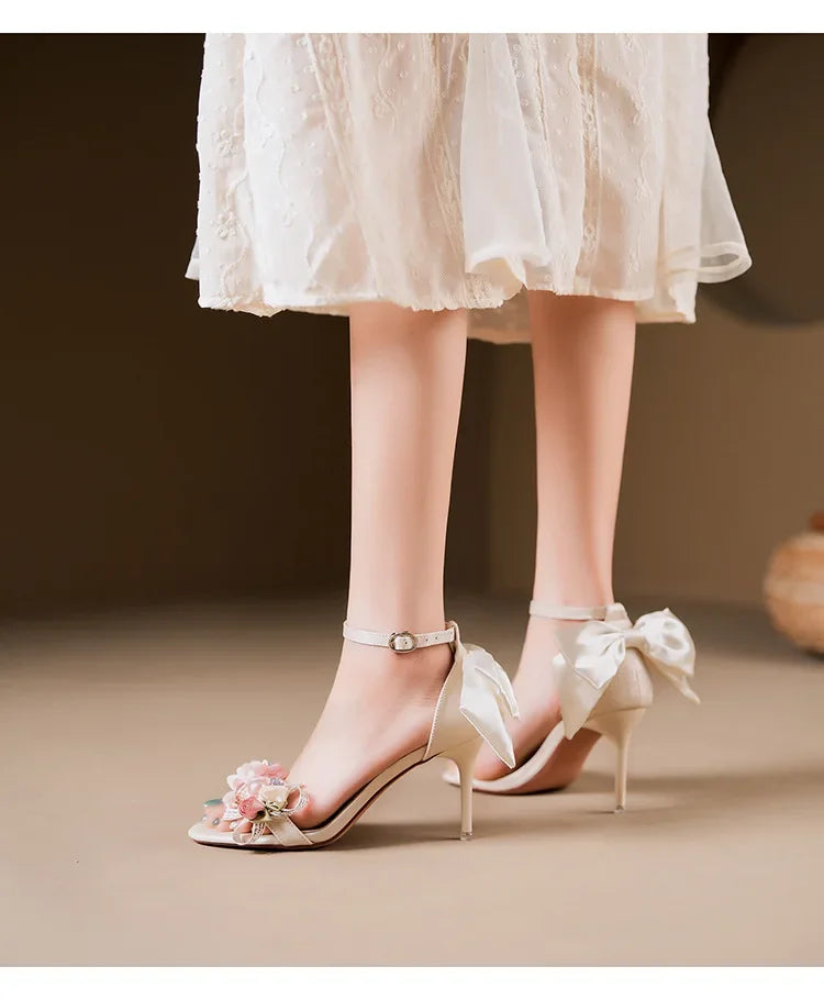 Summer Fashion Shoes Woman Pumps Open Toe Satin Flower Bow Buckle High Heels Ladies Sandals Women's Dress Wedding Party Shoes