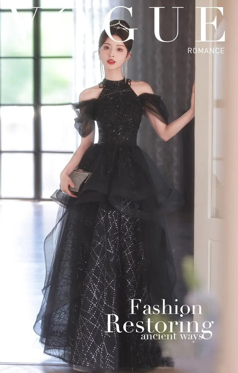 Evening Dresses Luxury 2026 Black Halter Evening Dress Corset Bodice Sequin Tulle Puffy Gown For Gala & Quinceanera