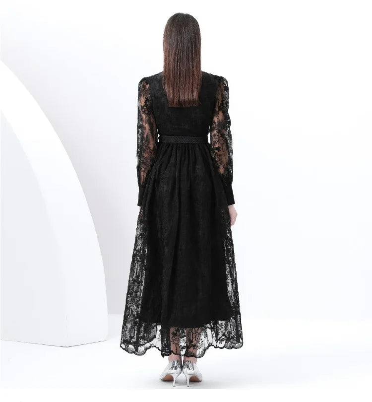 Luxury High-end Women Clothing Dress Spring Fitted Waist Embroidery V-neck Bell Sleeves Long Sleeves Single-breasted Long Dress