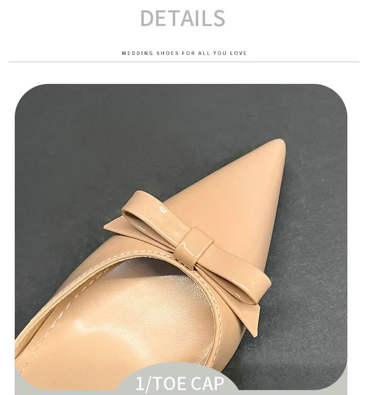 New Autumn Patent Leather Nude High Heels Thin Heel Pointed Bow Korean Version Summer Senior Feeling Hollow Female Pumps