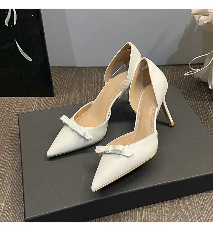 New Autumn Patent Leather Nude High Heels Thin Heel Pointed Bow Korean Version Summer Senior Feeling Hollow Female Pumps
