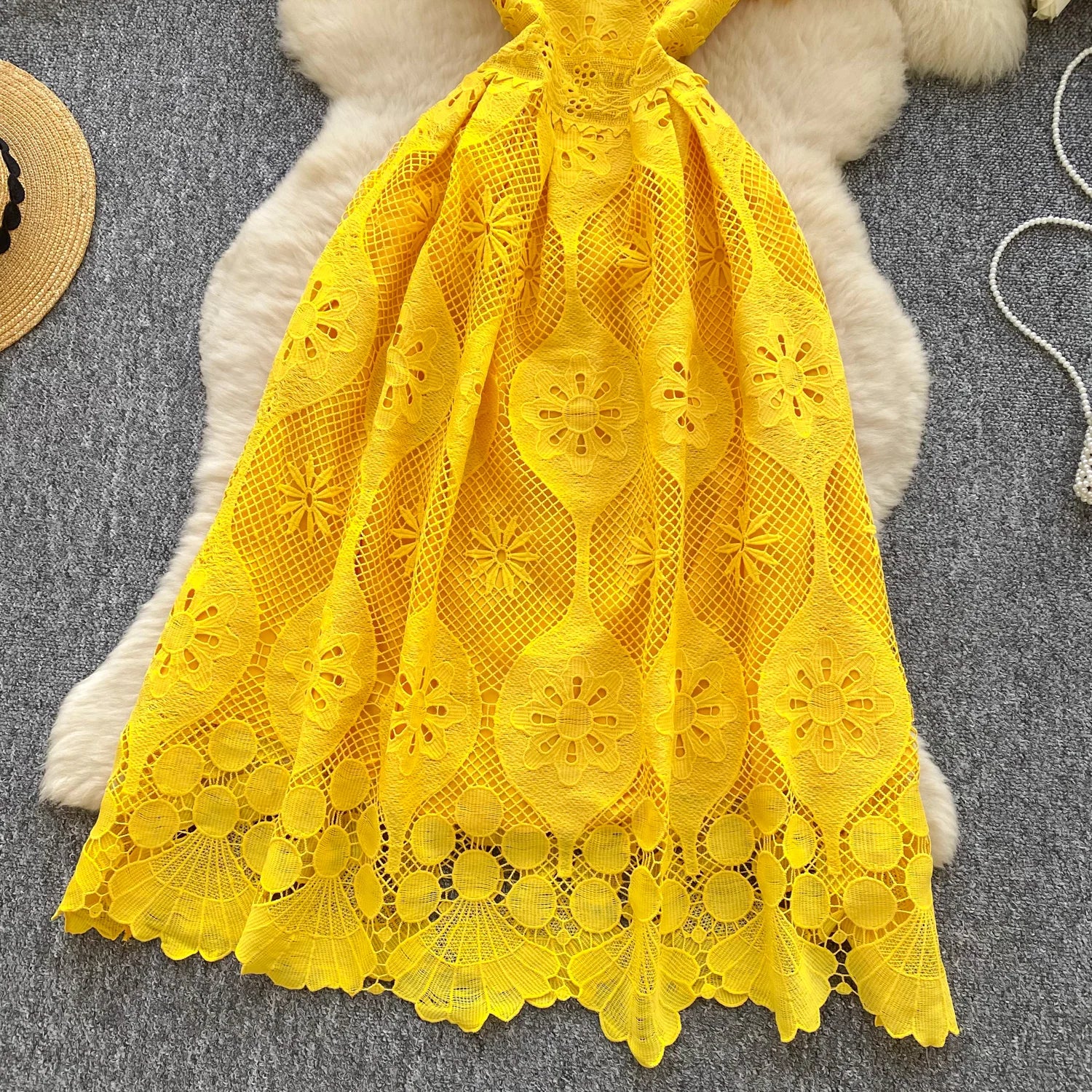 France Elegant Fashion Slim Evening Dress Women Hollow Out Lace Crochet Party Dress Female Casual Chic High End Clothing New