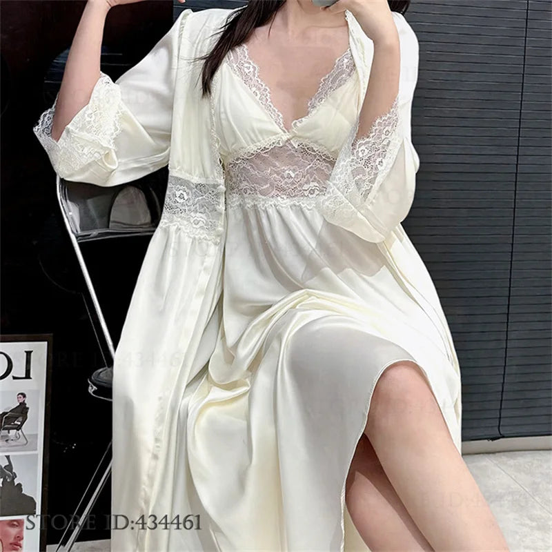 Burgundy Satin Long 2PCS Robe Nightgown Set Spring Summer Women Sleepwear Bathrobe Sexy Lace Nightgown Loose Homewear Loungewear