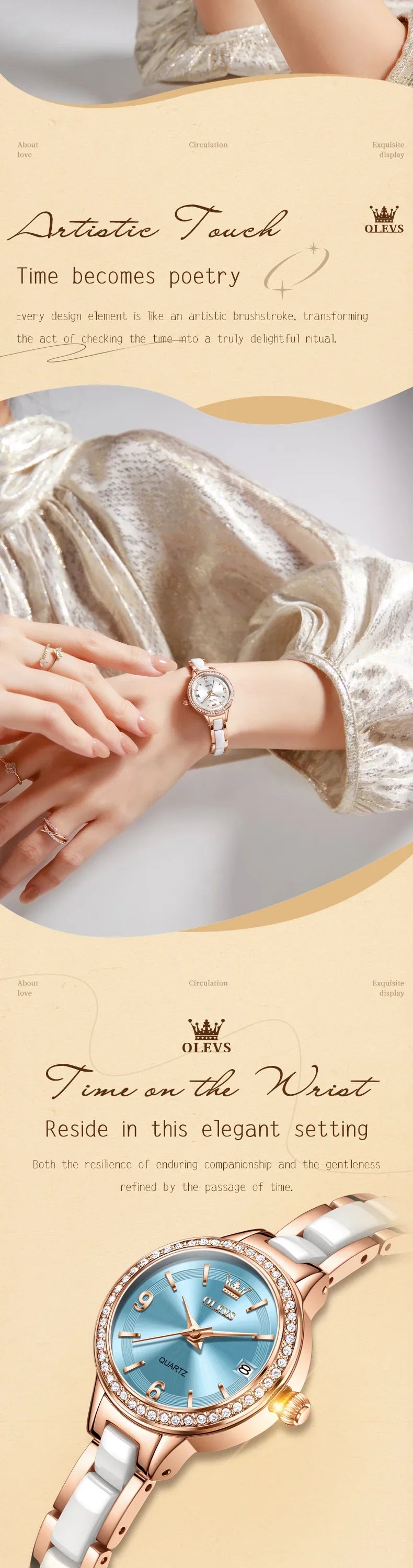 OLEVS Luxury Quartz Watch Women Elegant Ceramics Strap Waterproof Auto Date Luxury Lap Ladies Watches 7093