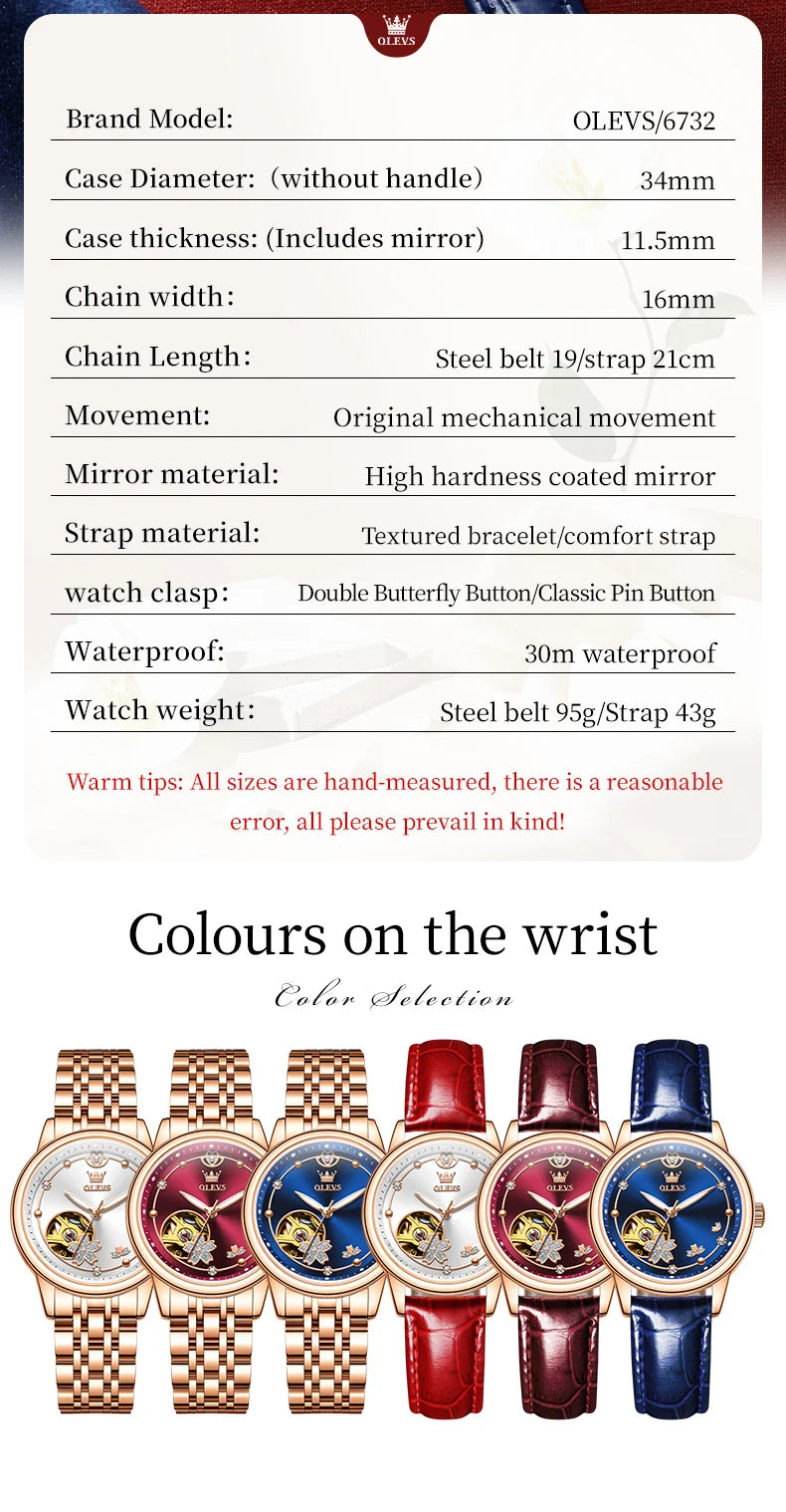 OLEVS Original Rhinestone Flower Design Watch Women's Luxury Rose Gold Watch Wine Red Automatic Mechanical Watch Birthday Gift