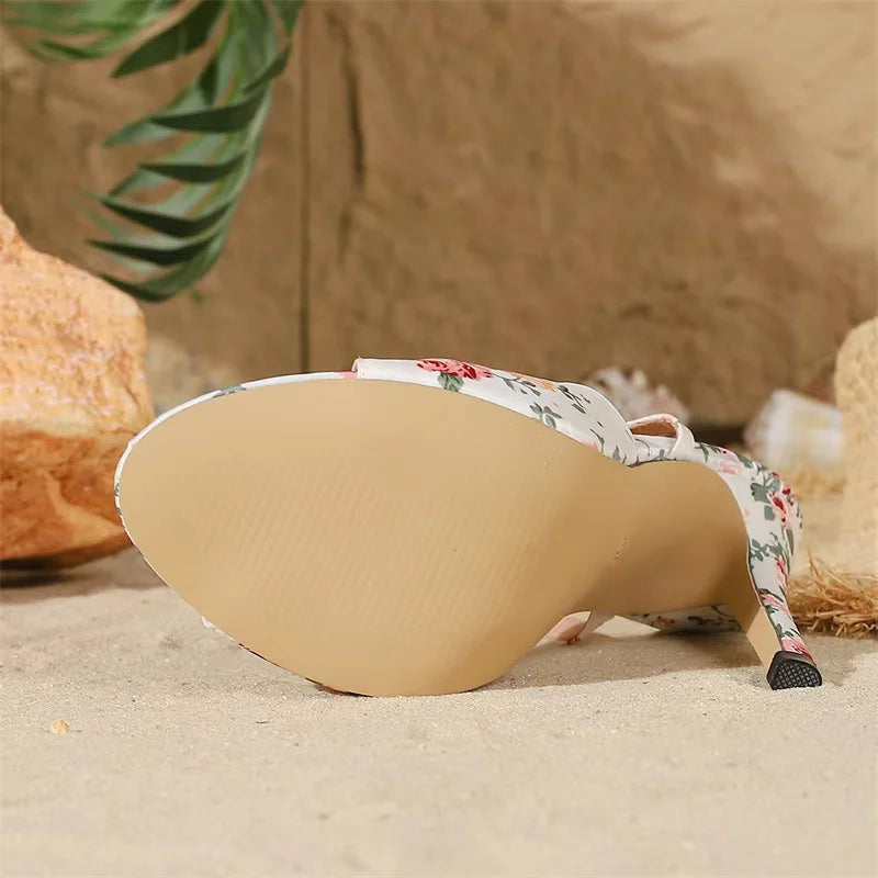 Liyke Fashion Design Print Flower Ankle Strap Sandals Women Knot Leather Open Toe White High Heels Party Dress Shoes Size 35-42